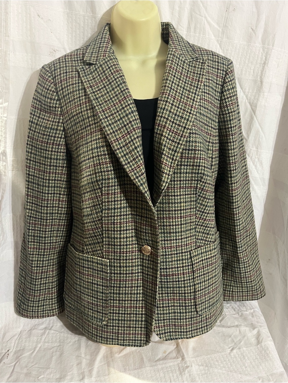 Talbots Green, Cream & Black Shetland Plaid Blazer